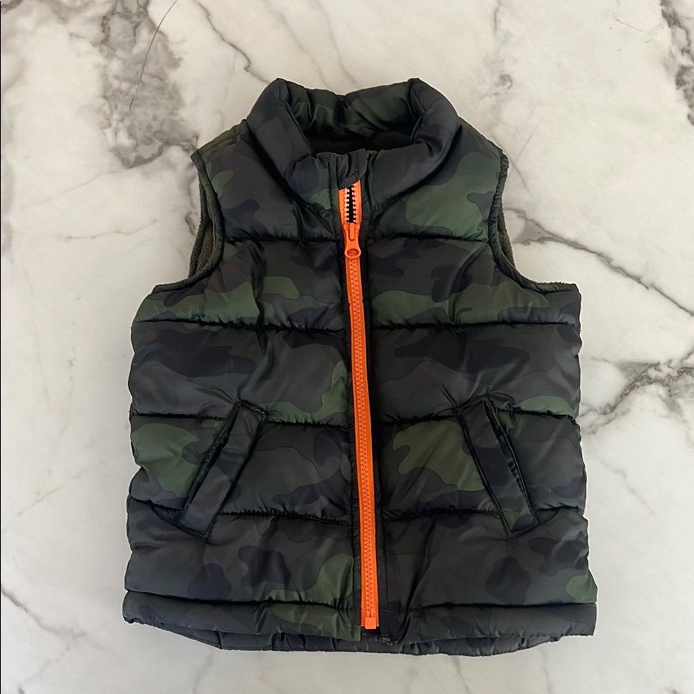 Camo Puffer Vest with Orange Zipper